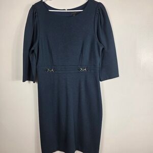 Ann‎ Taylor LOFT Navy Blue Ponte Sheath Dress Sz 12 Buckle Detail